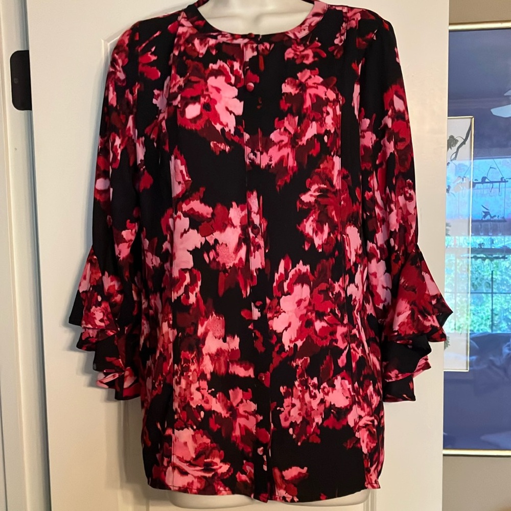 Pink and Red Ruffled Flutter Sleeve Blouse